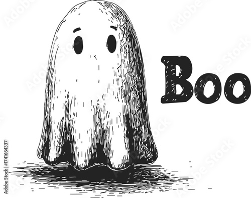 Ghost sketch hand drawn with Boo text, cute cartoon style, Halloween concept — stock vector