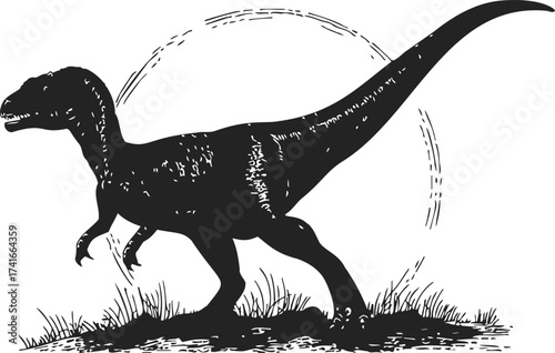 Dinosaur sketch hand drawn silhouette with grass and circular background — stock vector