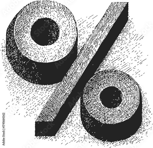 Percent sign sketch hand drawn 3D symbol with textured shading — stock vector