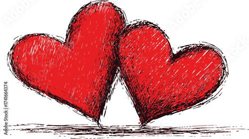 Red hearts sketch hand drawn style overlapping romantic love symbol — stock vector
