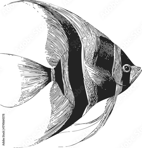 Angelfish hand drawn sketch line art tropical fish illustration — stock vector