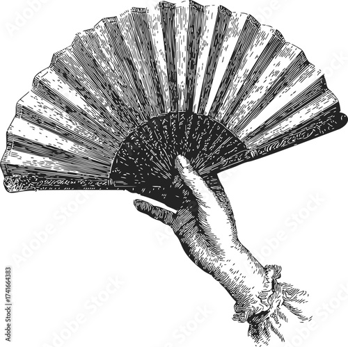 Hand fan sketch, hand holding ornate folding fan, vintage hand drawn style — stock vector