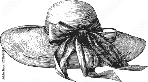Wide brim hat sketch, hand drawn style with ribbon bow — stock vector