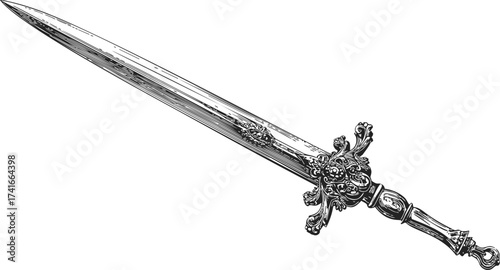 Ornate sword sketch, hand drawn antique blade with decorative hilt and intricate details — stock vector