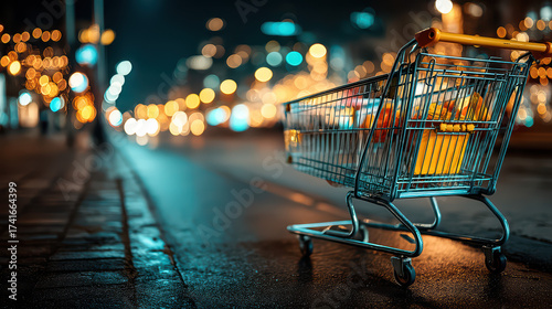 A lone shopping cart rests on a wet urban street at night against a backdrop of glowing city lights