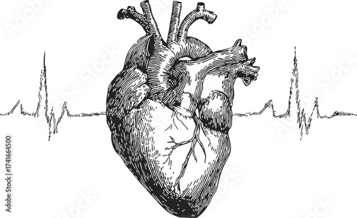 Heart sketch hand drawn anatomical illustration with ECG line — stock vector