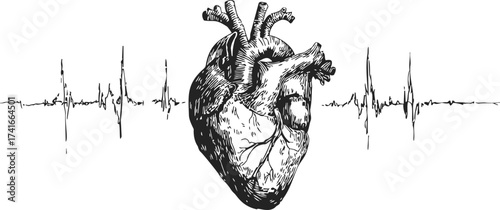 Human heart sketch hand drawn with heartbeat line background — stock vector
