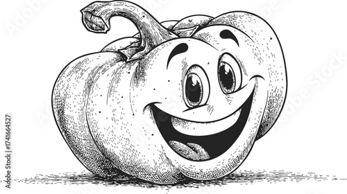 Pumpkin cartoon sketch hand drawn with smiling face and expressive eyes — stock vector