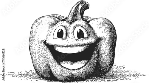 Pumpkin sketch hand drawn style with happy cartoon face and big smile — stock vector