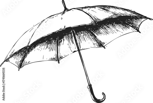Umbrella sketch hand drawn style with curved handle and detailed shading — stock vector