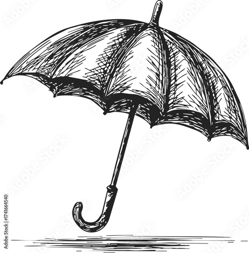 Umbrella sketch hand drawn style with detailed shading and curved handle — stock vector