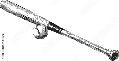 Baseball bat sketch hand drawn with baseball ball isolated on white — stock vector
