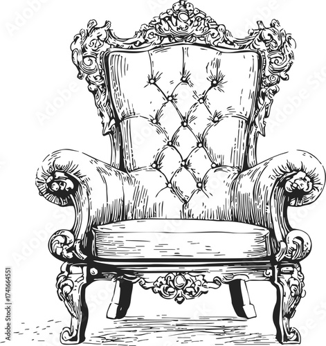 Antique armchair sketch, hand drawn ornate baroque style with tufted upholstery — stock vector