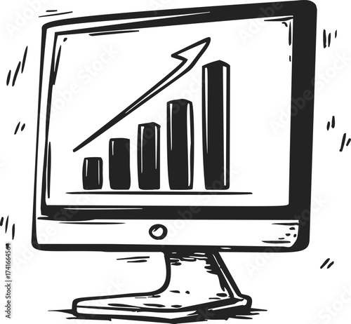 Computer monitor sketch with rising bar chart and arrow, hand drawn style — stock vector