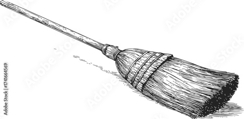Broom sketch hand drawn rustic cleaning tool with straw bristles and wooden handle — stock vector