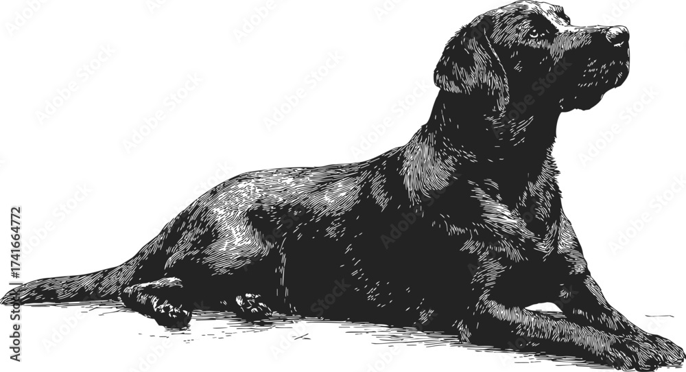 Obraz premium Black Labrador retriever sketch, hand drawn dog lying down, detailed line art — stock vector