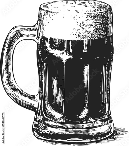 Beer mug sketch hand drawn style with frothy foam and detailed glass texture — stock vector
