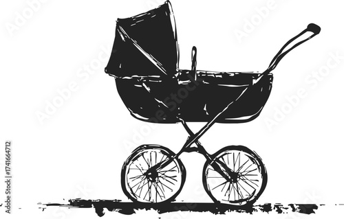 Baby stroller sketch hand drawn vintage pram with large wheels — stock vector