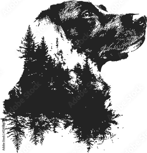 Dog silhouette sketch, hand drawn with forest trees double exposure effect — stock vector