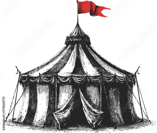 Medieval tent sketch, hand drawn line art with striped canvas and red flag — stock vector
