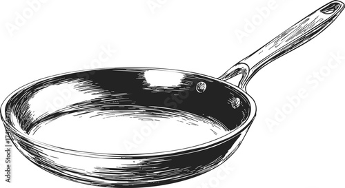 Frying pan sketch hand drawn kitchen utensil with long handle — stock vector