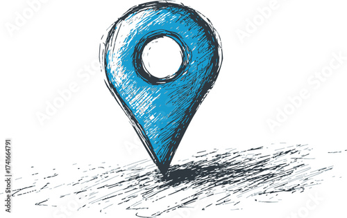 Map pin sketch hand drawn blue location marker with shadow — stock vector