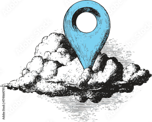 Cloud with location pin sketch, hand drawn vector, cloud computing and navigation concept — stock vector