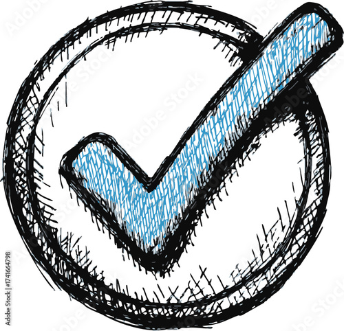 Check mark sketch hand drawn blue tick inside rough circle — stock vector