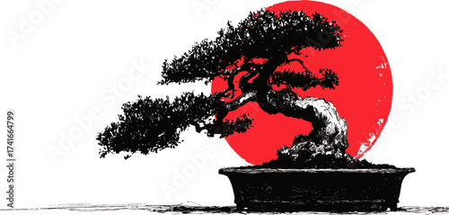 Bonsai tree sketch hand drawn with red sun background — stock vector