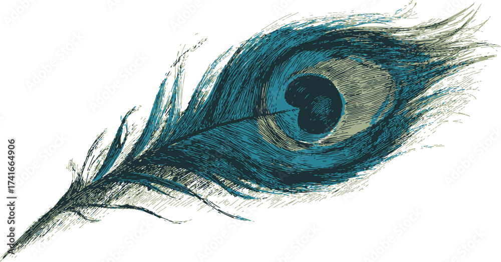 Obraz premium Peacock feather sketch, hand drawn style with detailed blue and green eye pattern — stock vector