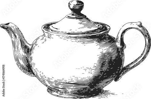 Teapot sketch hand drawn style with detailed shading and classic round shape — stock vector