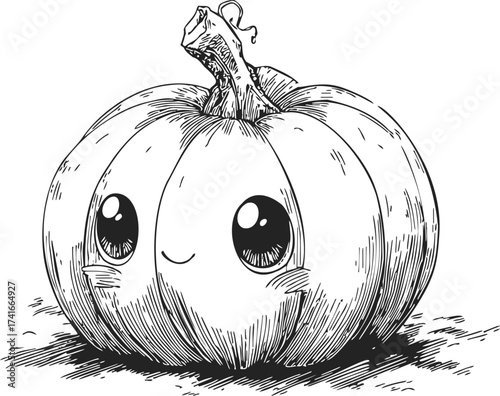 Pumpkin sketch hand drawn with cute kawaii face and detailed lines — stock vector