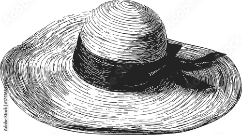 Straw hat sketch hand drawn with wide brim and ribbon bow — stock vector