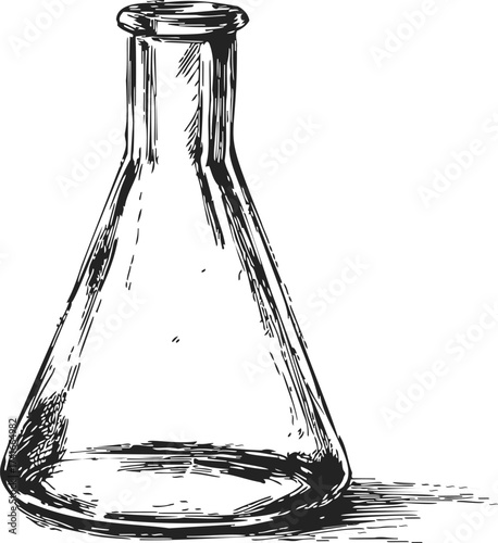 Erlenmeyer flask sketch hand drawn laboratory glassware with conical body and narrow neck — stock vector