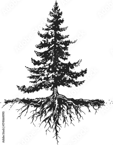 Pine tree sketch hand drawn with exposed roots underground — stock vector