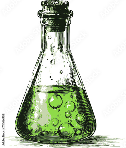 Erlenmeyer flask sketch hand drawn with green bubbling liquid — stock vector