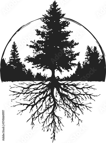 Tree silhouette sketch with exposed roots and forest background — stock vector