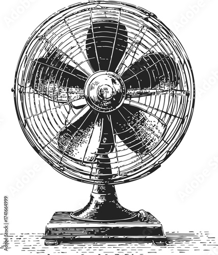 Vintage electric fan sketch, hand drawn style, detailed front view with metal cage — stock vector