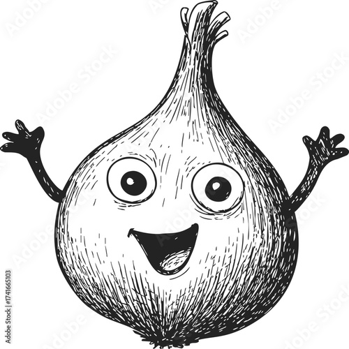 Onion cartoon character sketch, hand drawn style with happy face and raised arms — stock vector