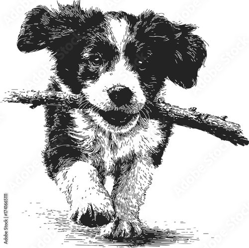 Puppy sketch hand drawn carrying stick playful running dog illustration — stock vector