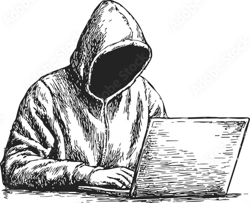 Hooded figure sketch hand drawn style using laptop computer at desk — stock vector
