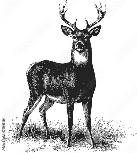 Deer sketch, hand drawn standing stag with antlers in grass — stock vector