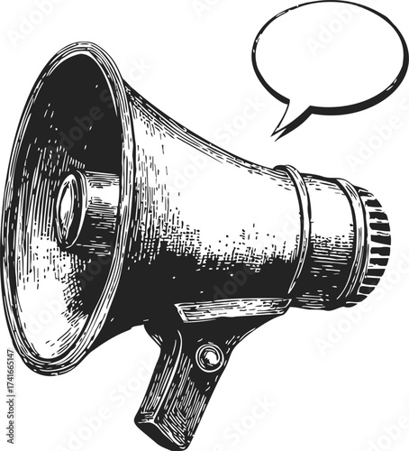 Megaphone sketch hand drawn with speech bubble isolated on white — stock vector