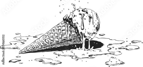Melting ice cream cone sketch, hand drawn style with dripping details — stock vector