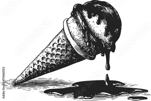 Melting ice cream cone sketch, hand drawn style with dripping chocolate and puddle — stock vector