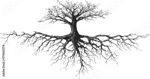 Tree with exposed roots, sketch hand drawn, symmetrical branches and roots — stock vector