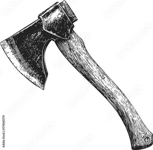 Axe sketch hand drawn rustic wood handle detailed engraving — stock vector