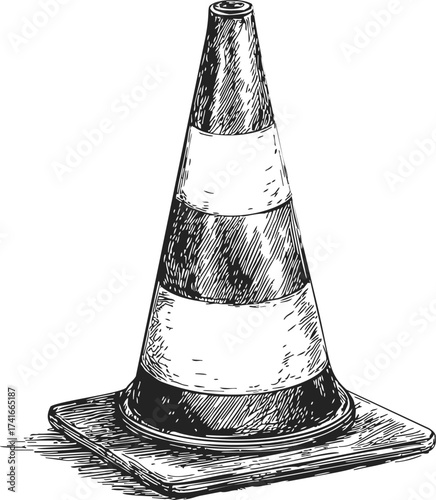 Traffic cone sketch hand drawn line art with detailed shading — stock vector