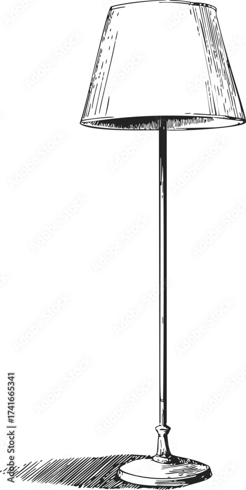 Floor lamp sketch, hand drawn style with classic lampshade and base — stock vector