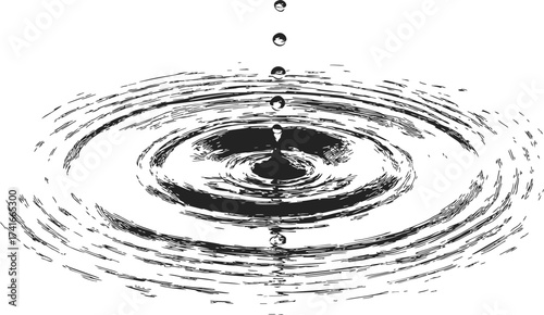 Water drop sketch, hand drawn style, creating ripples on surface — stock vector